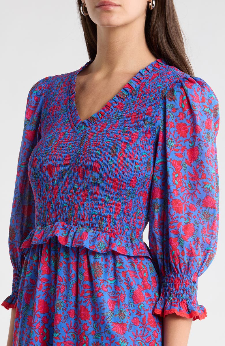 SUGARLIPS Tanya Floral Print Long Sleeve Smocked Dress, Alternate, color, Blue-Fuchsia