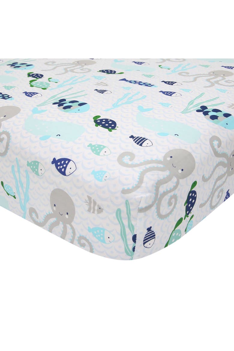 Oceania Whale with Octopus and Fish Nautical Ocean 6-Piece Nursery Baby Crib Bedding Set, Alternate, color, Blue