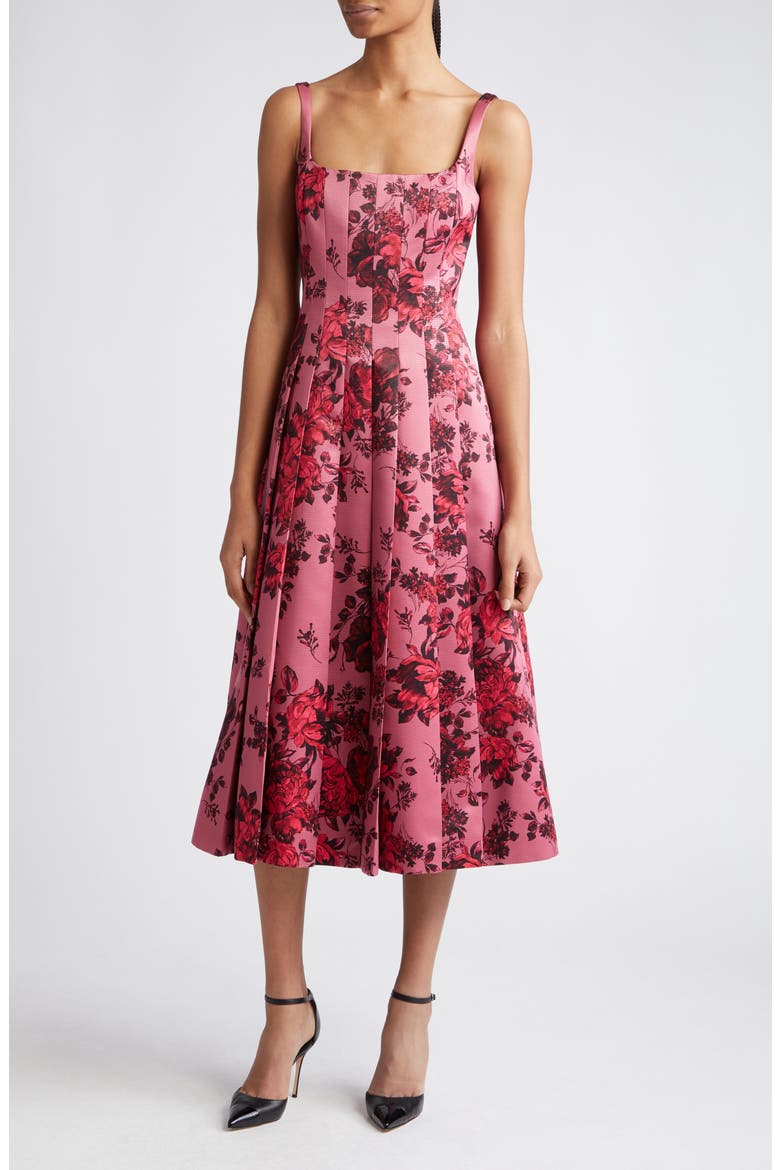 Adele Rose Print Pleated Taffeta Faille Fit & Flare Midi Dress, Main, color, MAUVE PINK FESTIVE BOUQUET