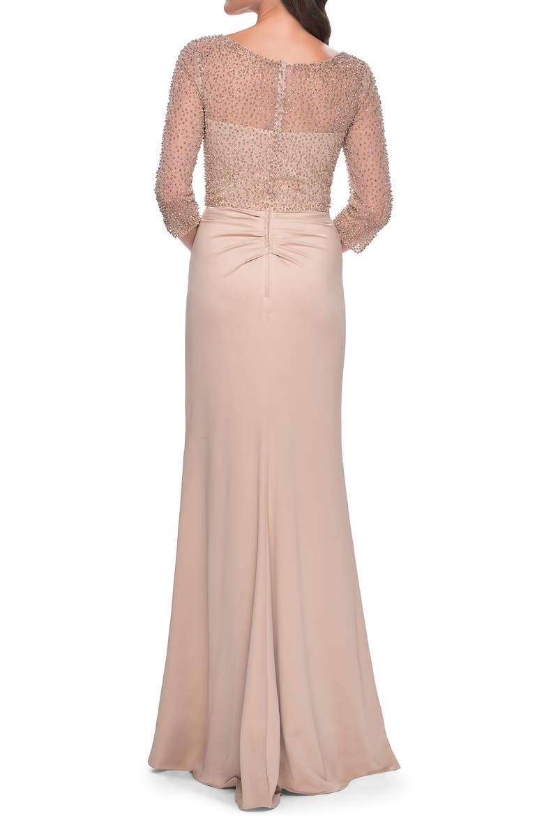 Stunning Satin Dress with Gathered Waist and Beaded Illusion Sleeves, Alternate, color, Champagne