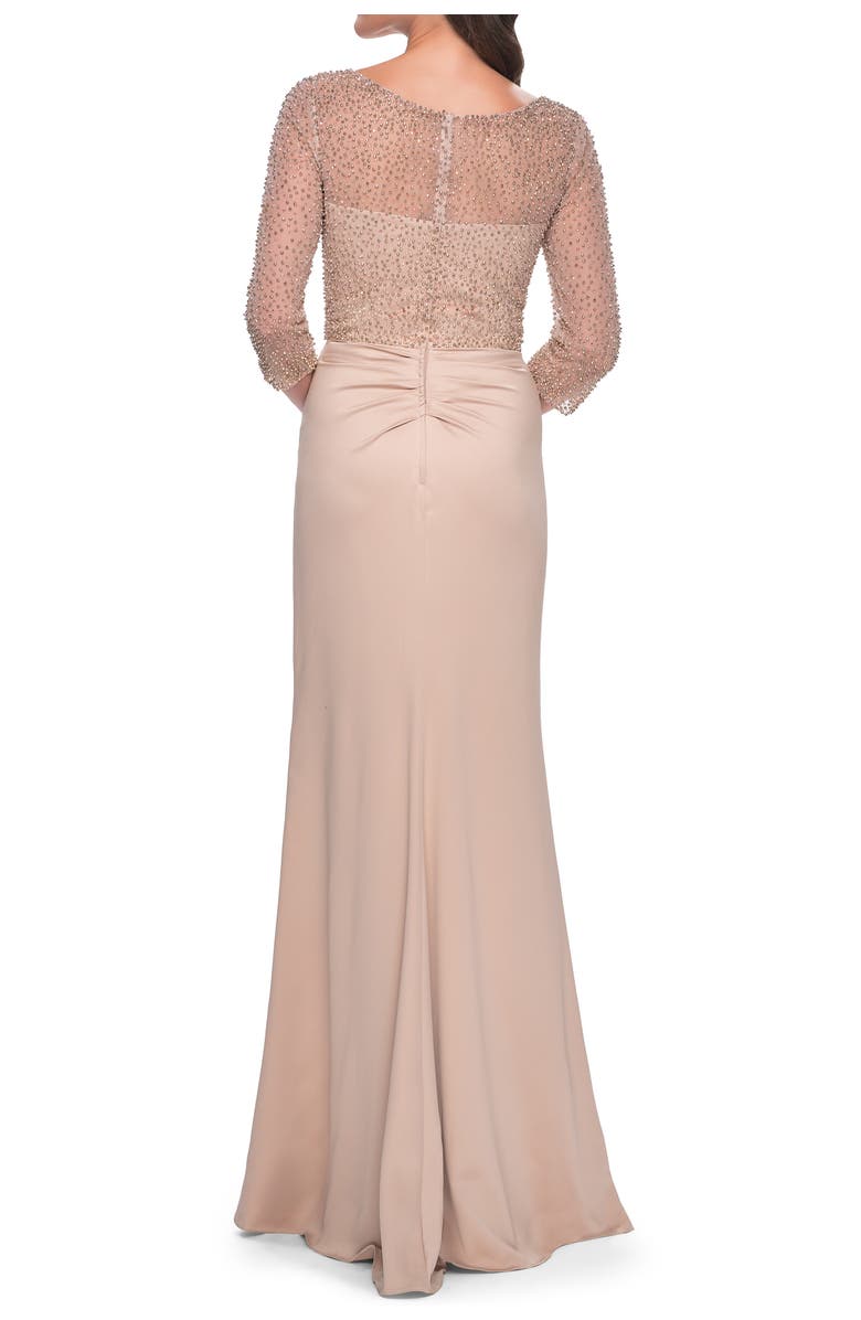 La Femme Stunning Satin Dress with Gathered Waist and Beaded Illusion Sleeves, Alternate, color, Champagne