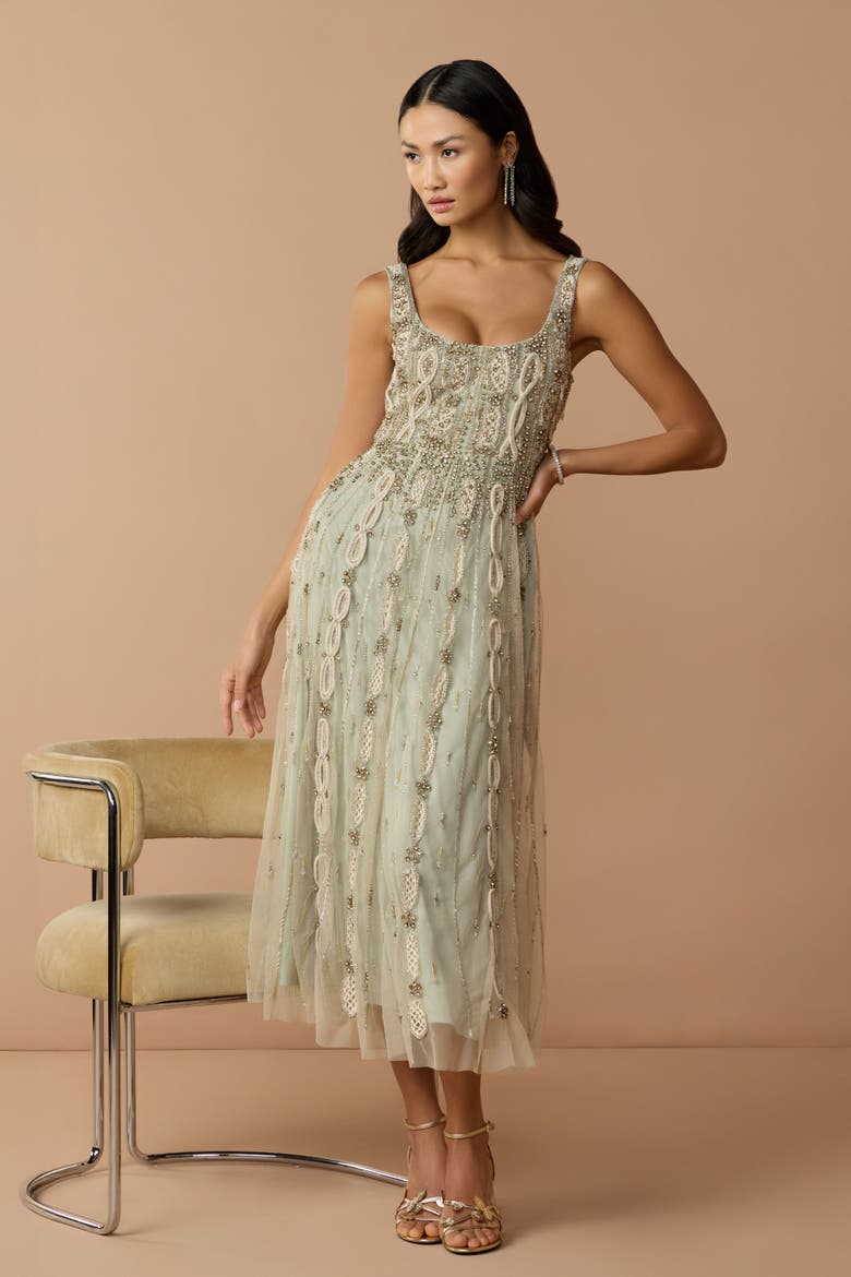 Petite Embellished Scoop Neck Mesh Midi Dress, Alternate, color, Nude Sage