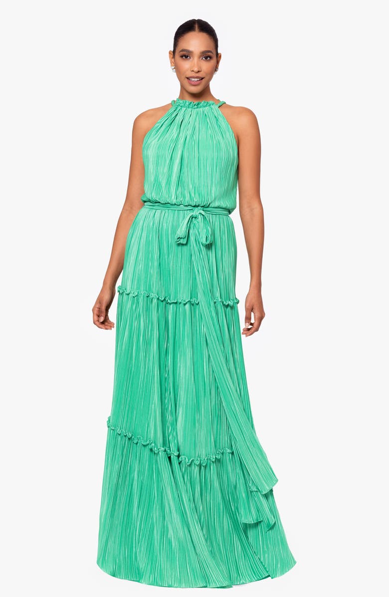 Betsy & Adam Plissé Tie Waist Tiered Gown, Alternate, color,