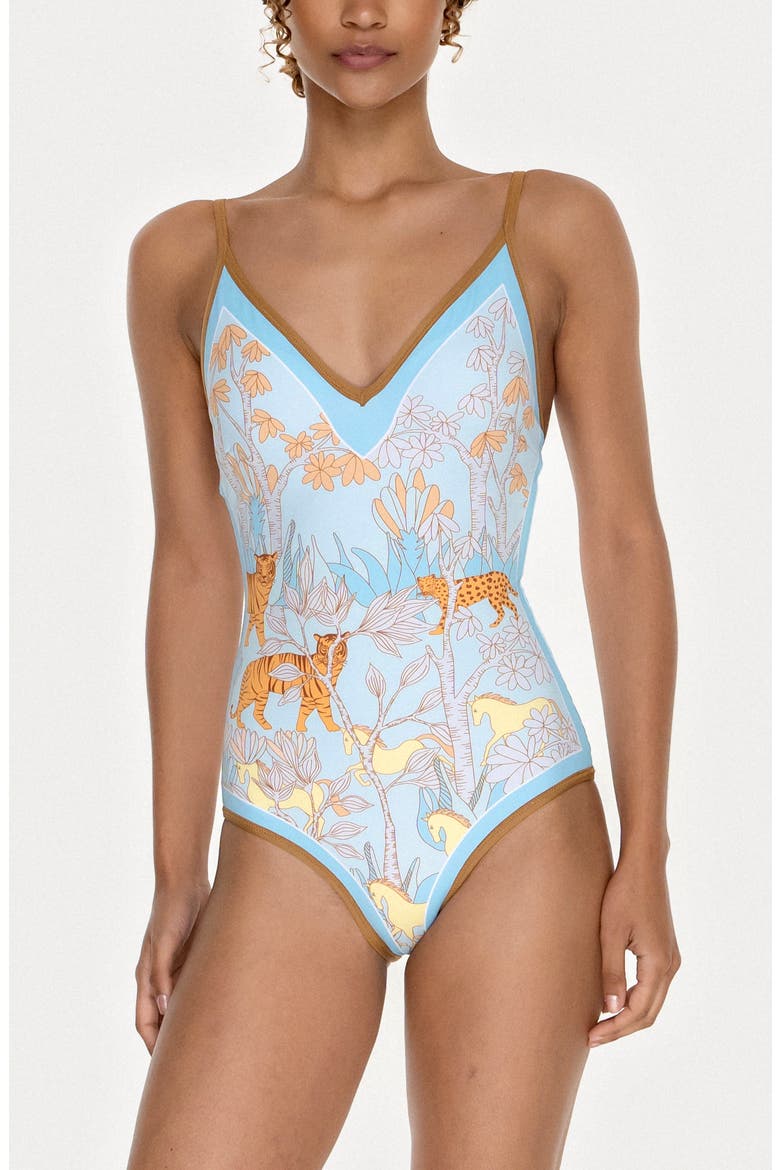Jungle Adventure Reversible V-Neck One-Piece Swimsuit, Main, color, Blue