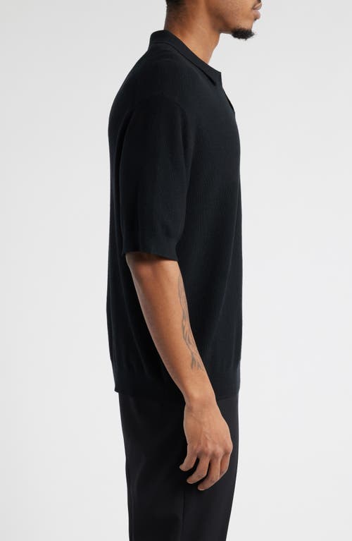 Open Edit Textured Stitch Short Sleeve Polo Sweater In Black