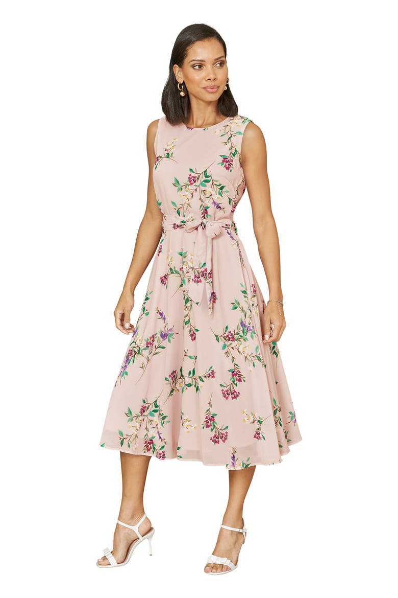 Sleeveless Tie Waist Printed Midi Dress, Main, color, Pink