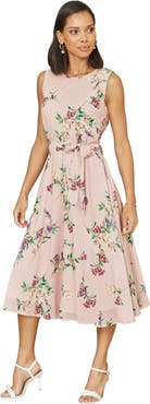 Yumi Sleeveless Tie Waist Printed Midi Dress