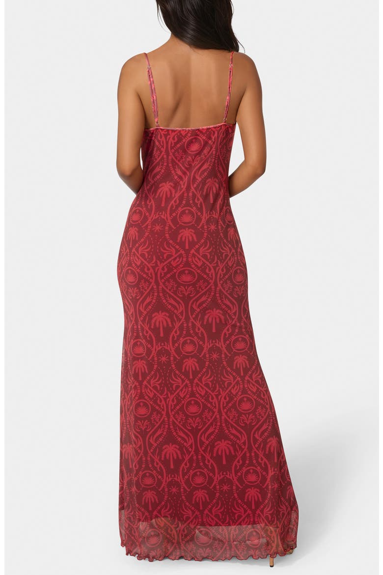 Printed Mesh Cowl Midi Dress, Alternate, color, MERLOT