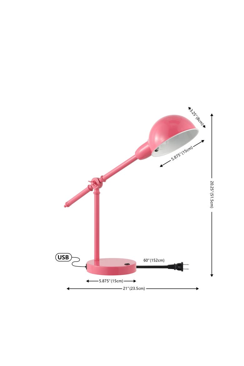 Curtis Vintage Industrial Iron Adjustable Dome Shade LED Task Lamp with USB Charging Port, Alternate, color, Pink
