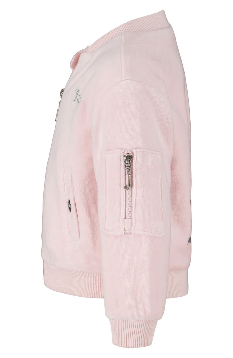 Juicy Couture Logo Bomber Jacket, Long Sleeve T-Shirt, Skirt & Bloomers Set, Alternate, color, Pink