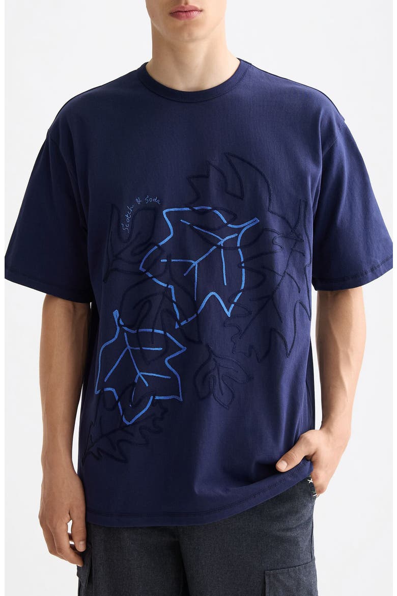 Loose Fit Leaf Embroidered Cotton T-Shirt, Main, color, PEACOAT