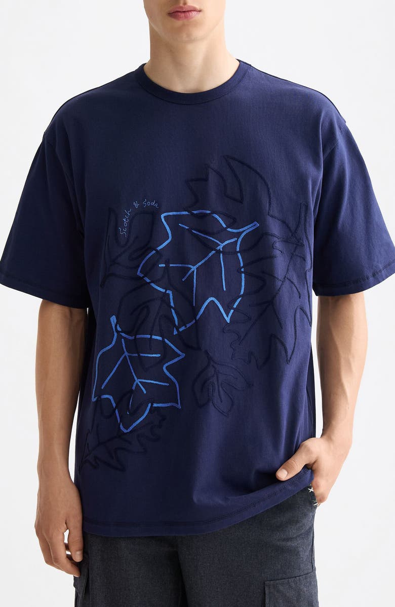 Scotch & Soda Loose Fit Leaf Embroidered Cotton T-Shirt, Main, color, Peacoat
