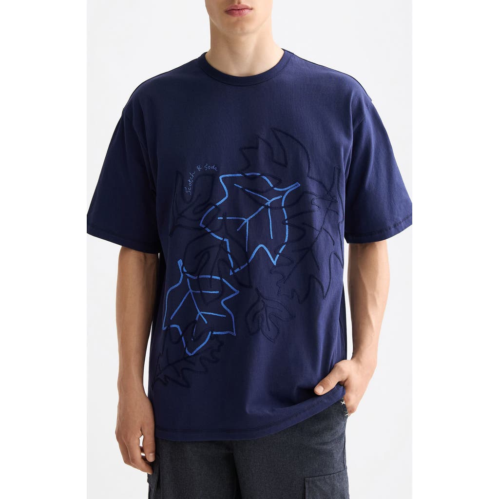 Scotch & Soda Loose Fit Leaf Embroidered Cotton T-shirt In Blue