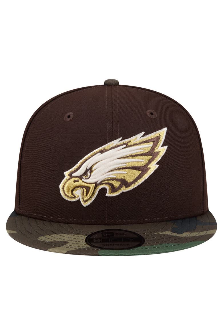 Men's New Era  Dark Brown Philadelphia Eagles Burnt Wood Camo 9FIFTY Snapback Hat, Alternate, color, Dark Brown
