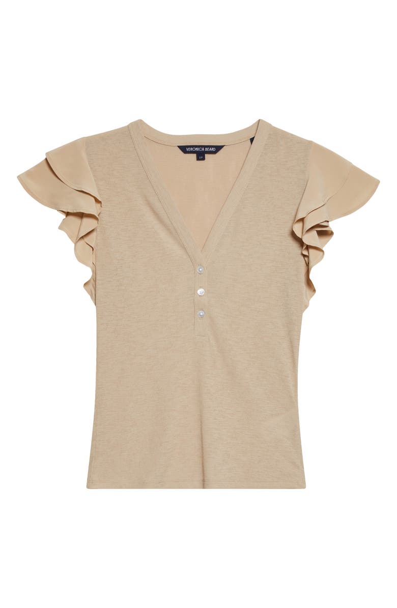 Veronica Beard Aphrodite Ruffle Sleeve Rib Top, Main, color, Stone Khaki