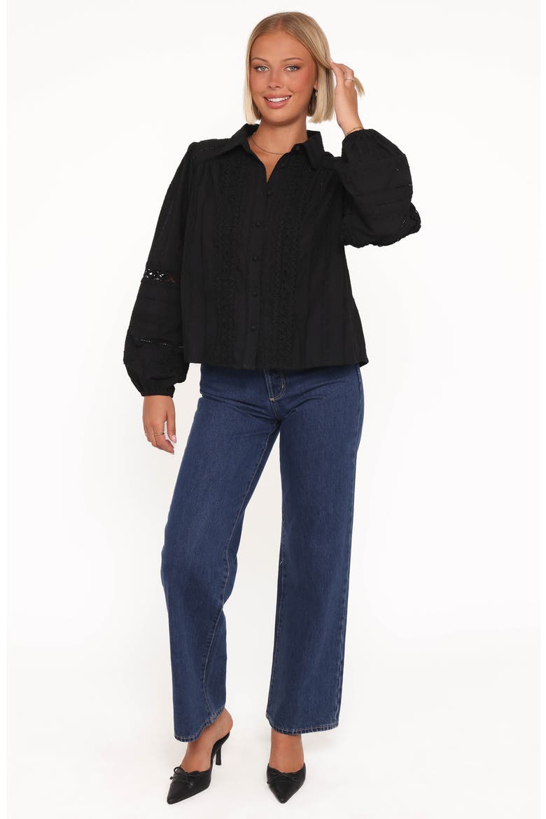 Catania Lace Panel Cotton Button-Up Shirt, Alternate, color, BLACK