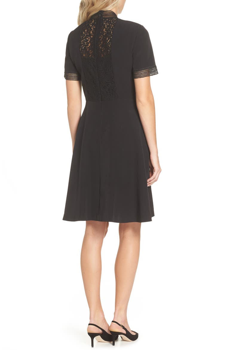 Lace Inset Fit & Flare Crepe Dress, Alternate, color, BLACK