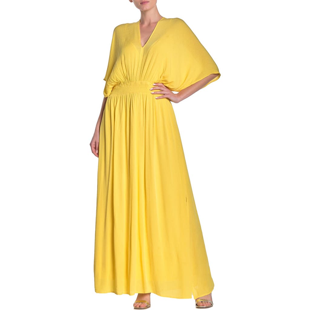 Nina Leonard V-Neck Smocked Waist Maxi Dress in Canary