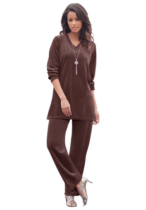 Plus Size Two Piece V Neck Velour Set