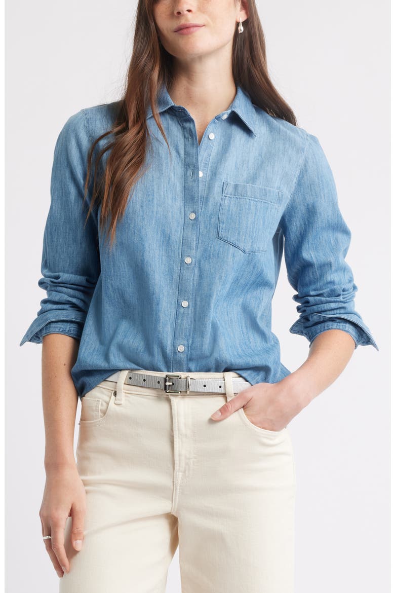 Chambray Button-Up Shirt, Main, color, MEDIUM WASH