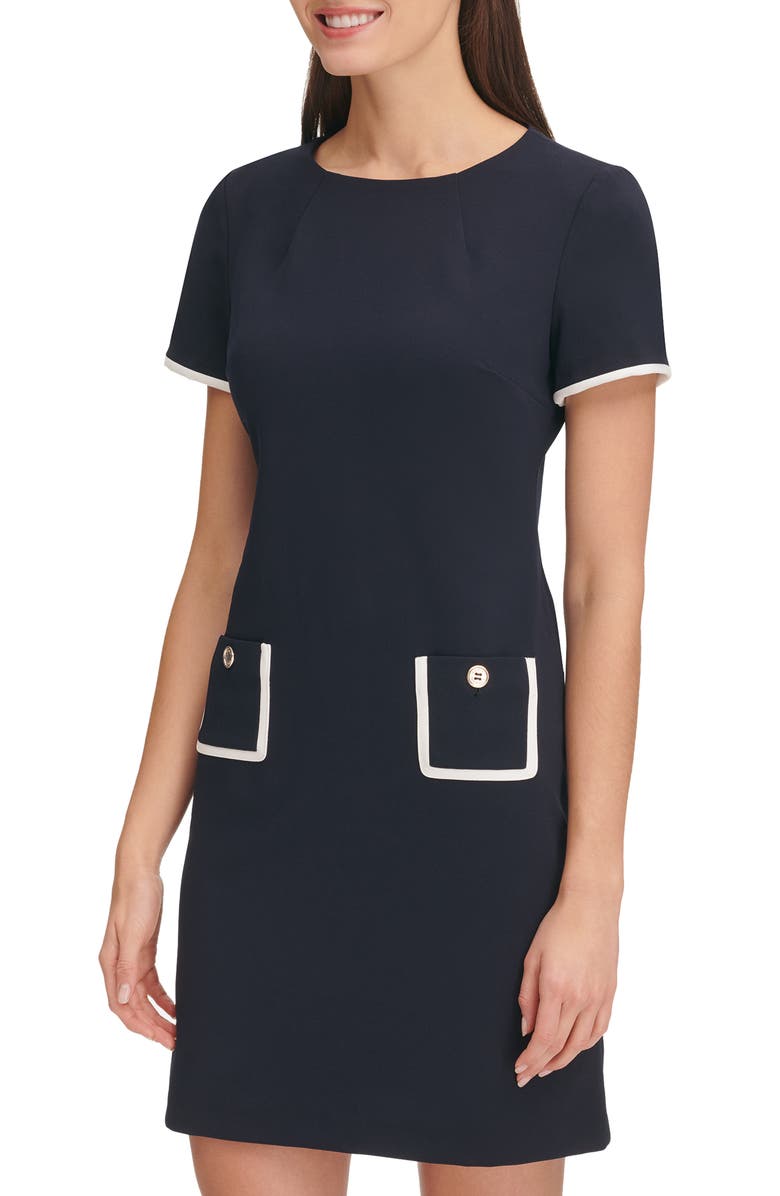 Tommy Hilfiger Short Sleeve Scuba Crepe Contrast Trim Dress, Alternate, color, Sky Captain/ Ivory