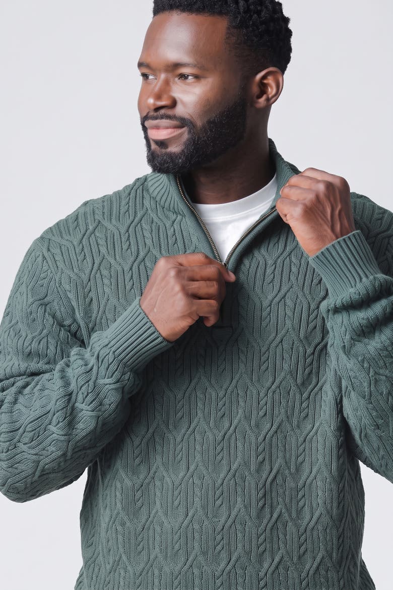 Men's Organic Cotton Cable Knit Half Zip Sweater, Alternate, color, Forest Green Heather