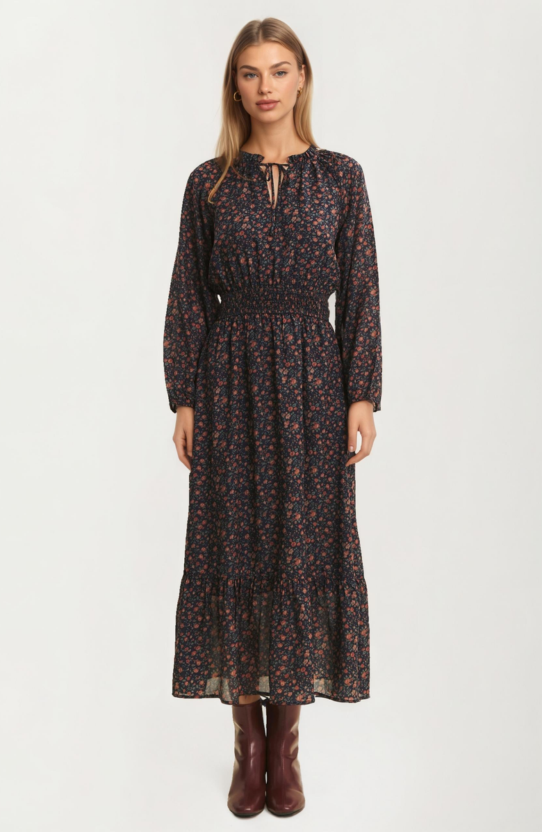 Knit and Lounge Long Sleeve Smocked Waist Floral Midi Dress, Alternate, color, Navy / Rust Floral