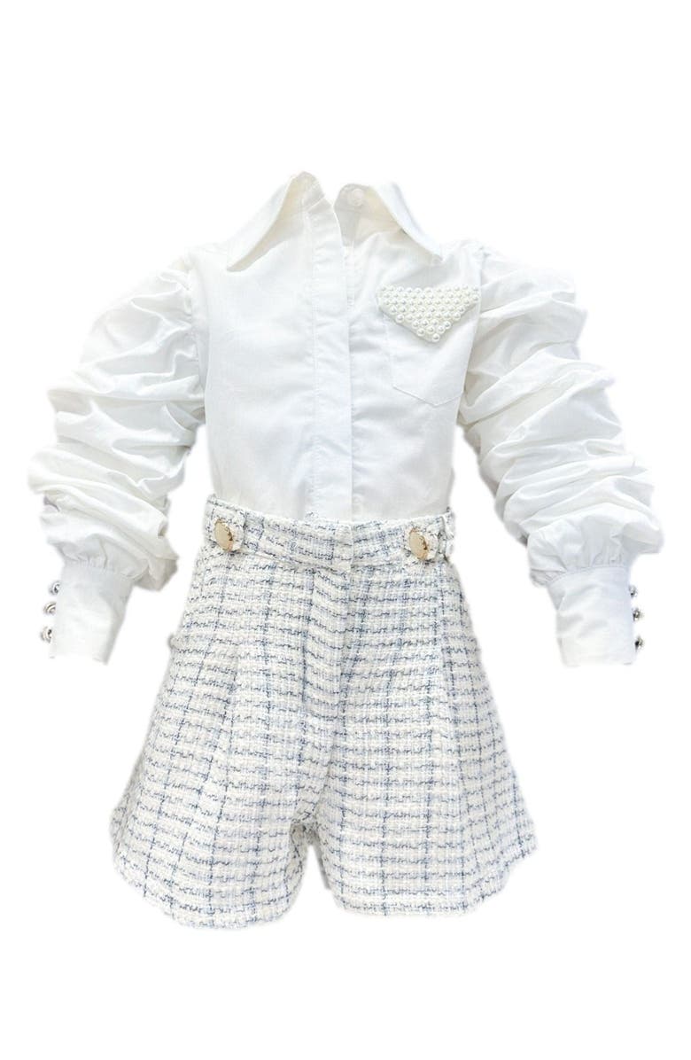 Petite Maison Kids Iris Blouse and Tweed Shorts Set, Main, color, White And Blue