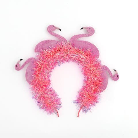Flamingo Party Novelty Headband - Pink Tinsel with 3D Glitter Flamingos for Beach, Pool, and Bachelorette Parties, 8.5x9.5 Inch, One Size