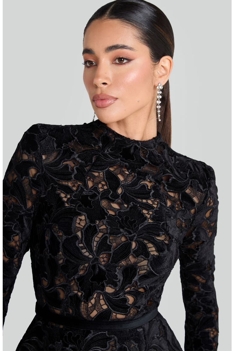 Lydia Long Sleeve Lace Overlay Cocktail Minidress, Alternate, color, BLACK