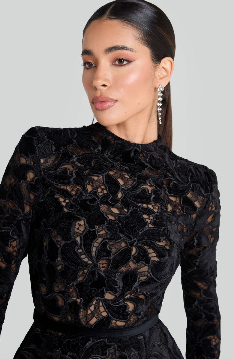NADINE MERABI Lydia Long Sleeve Lace Overlay Cocktail Minidress, Alternate, color, Black