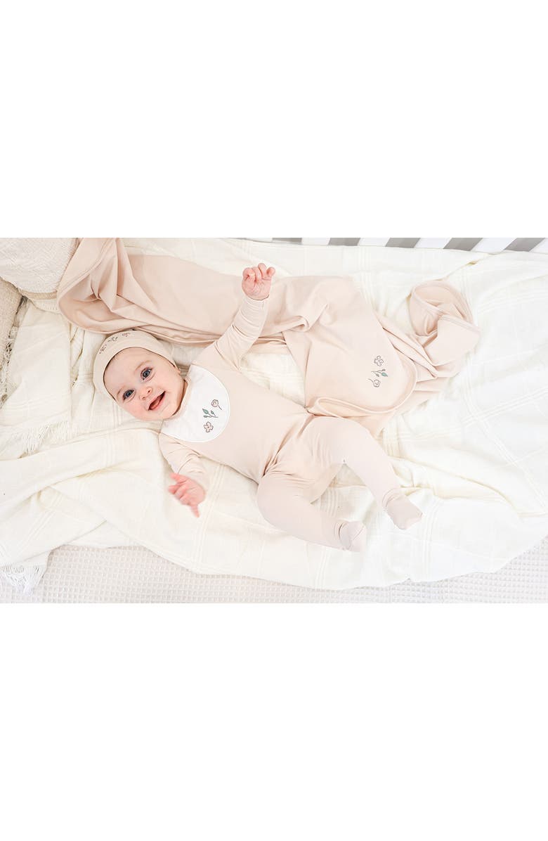 Manière Embroidered Bib Cotton Blend Footie, Alternate, color, Biscuit