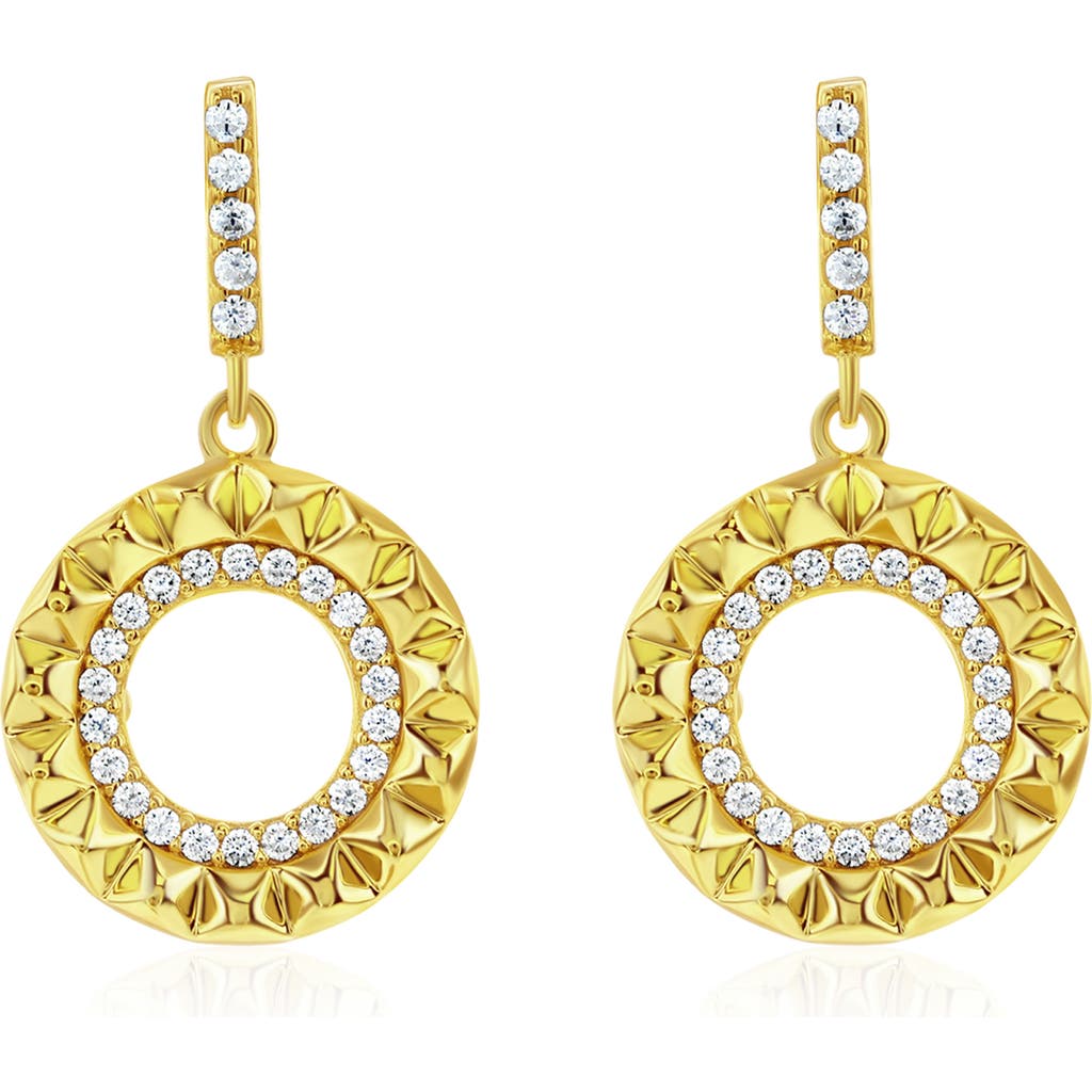 Suzy Levian Yellow Sterling Silver White Cubic Zirconia Circle Pointed Sunburst Drop Earrings In Gold
