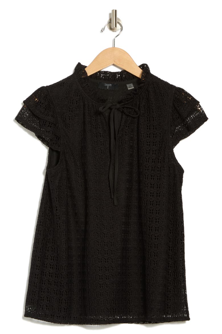 Tie Neck Lace Top, Alternate, color, BLACK