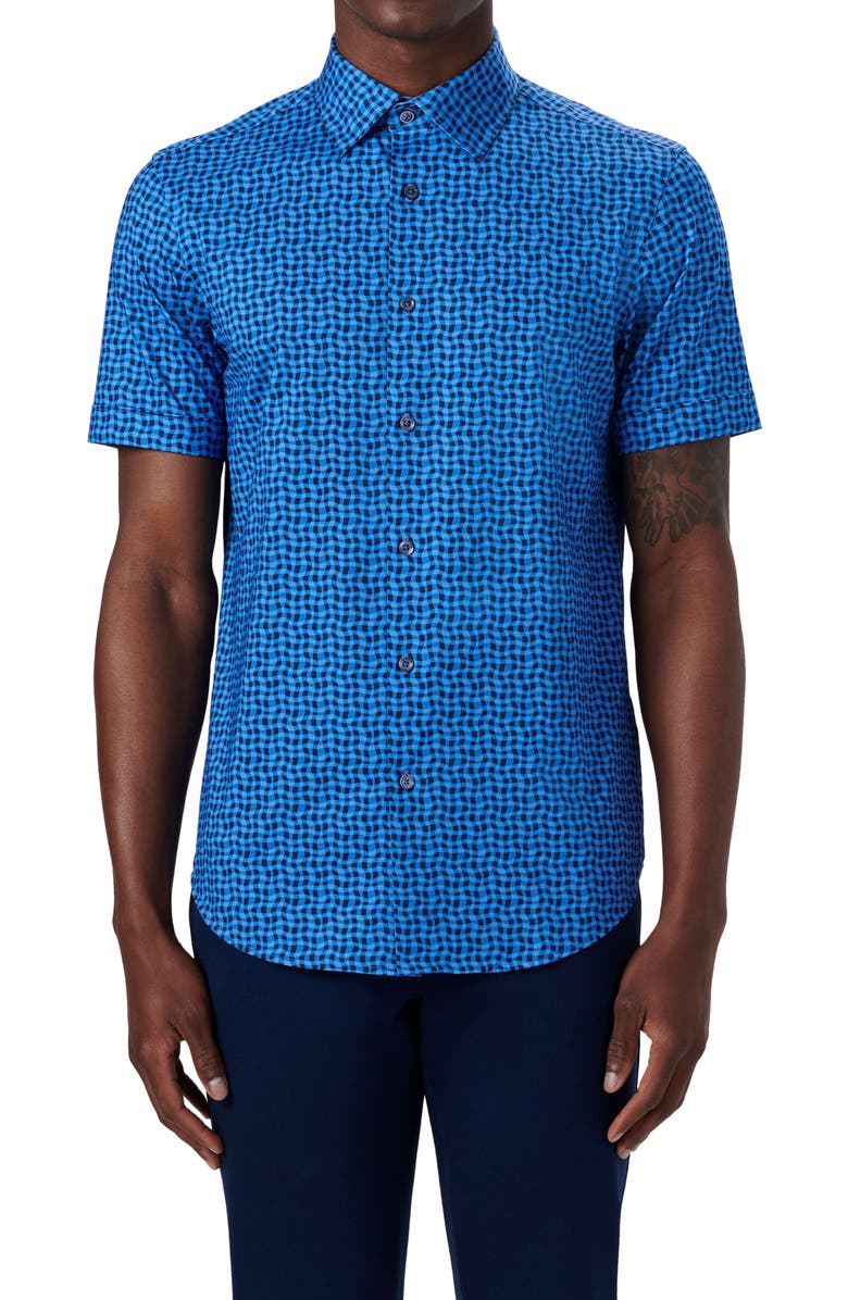 Bugatchi OoohCotton<sup>®</sup> Wavy Check Short Sleeve Button-Up Shirt, Main, color, 