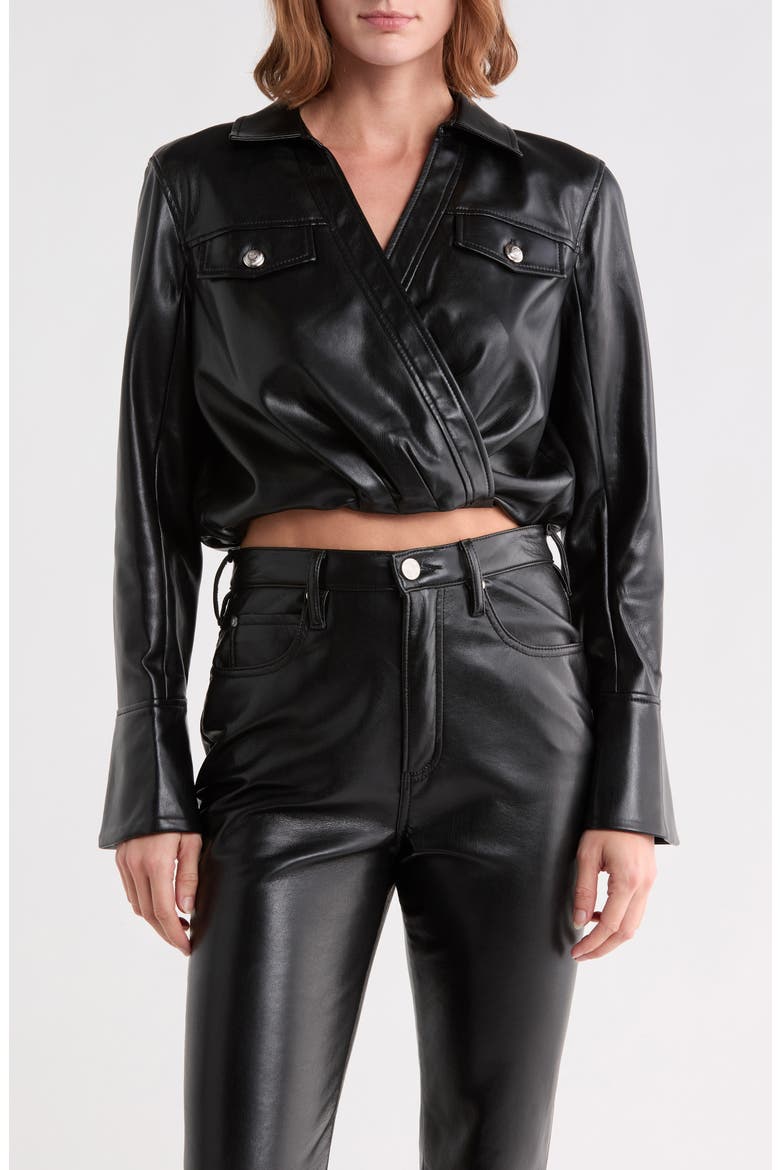 Veronique Faux Leather Surplice Top, Main, color, BLACK