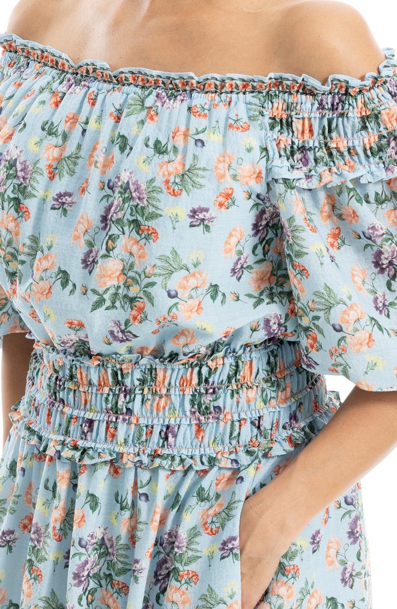 MAX STUDIO Puff Sleeve Smocked Waist Midi Dress, Alternate, color, Blue/ Peach Bouquet