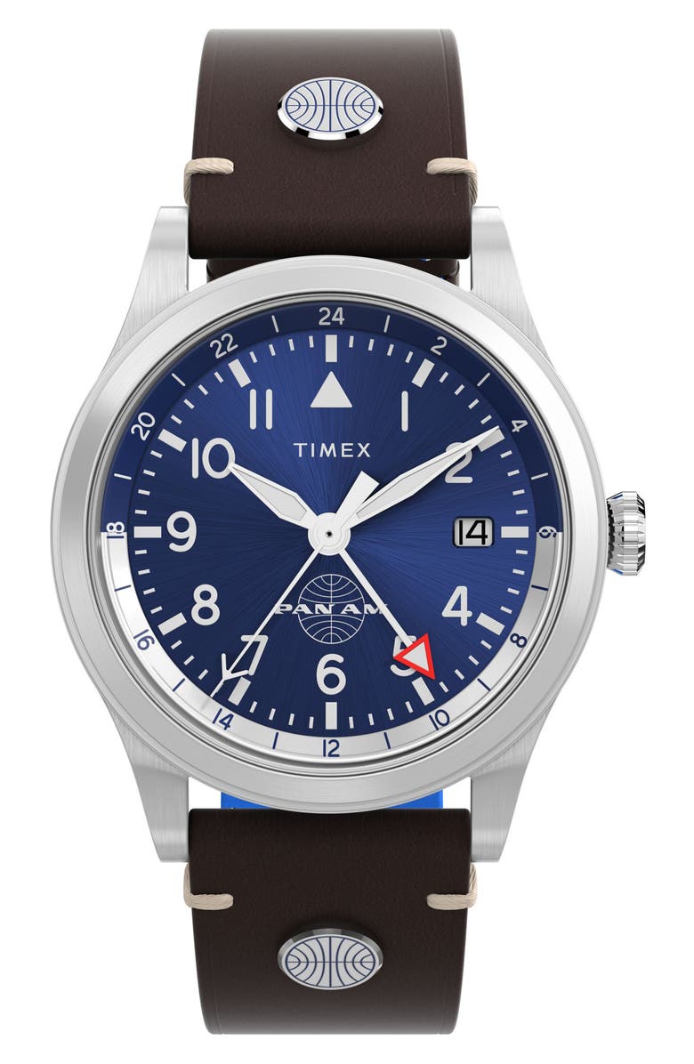 Timex<sup>®</sup> x Pan Am<sup>®</sup> Waterbury GMT Leather Strap Watch, 39mm, Main, color, Blue