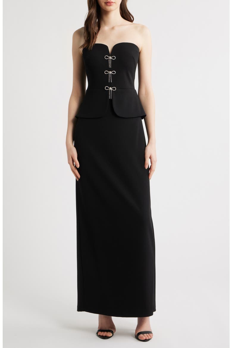 Rhinestone Bow Strapless Gown, Main, color, BLACK