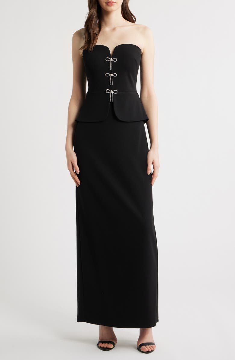 Eliza J Rhinestone Bow Strapless Gown, Main, color, Black