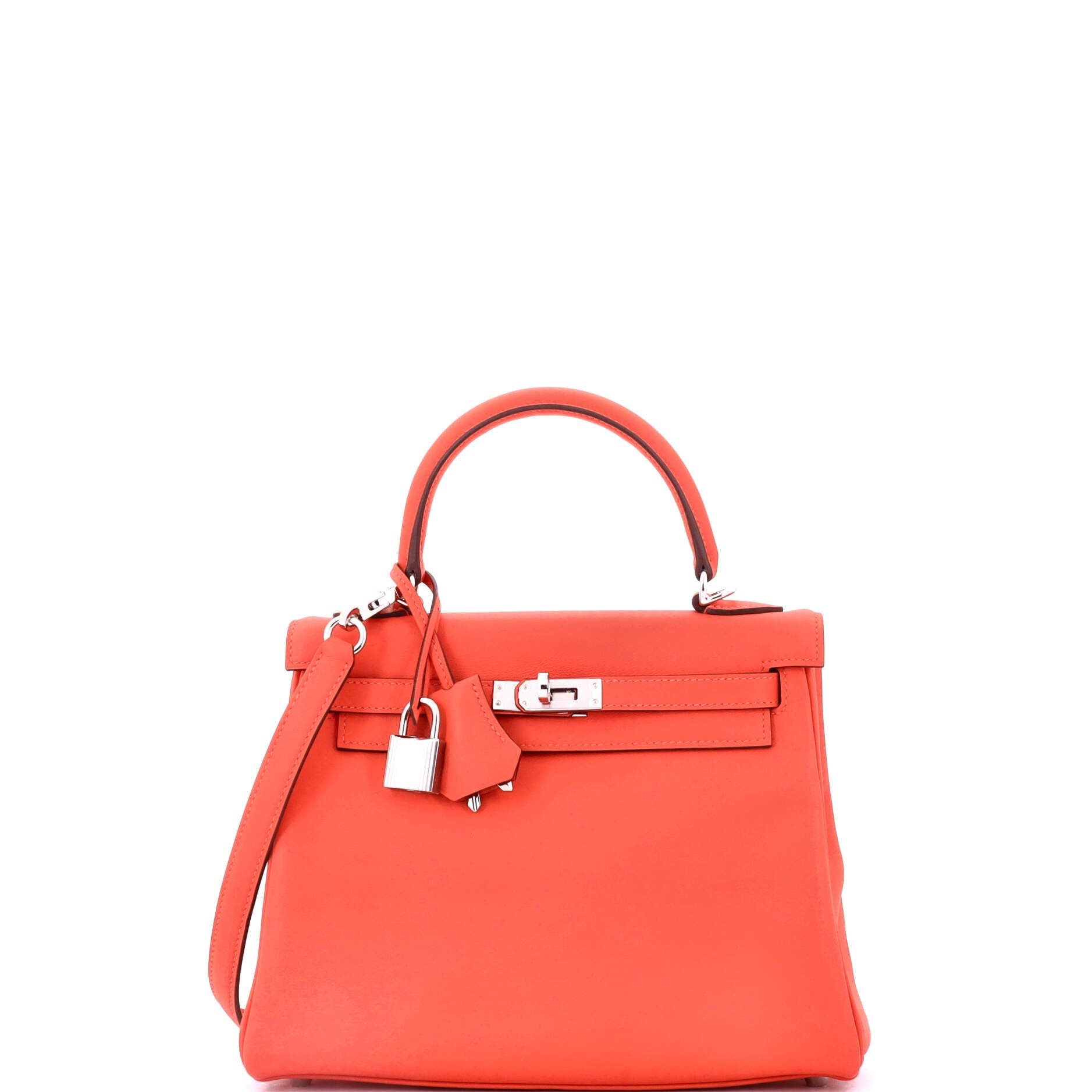 Pre-Owned Hermes Kelly Handbag Orange Swift with Palladium Hardware 25, Main, color, 