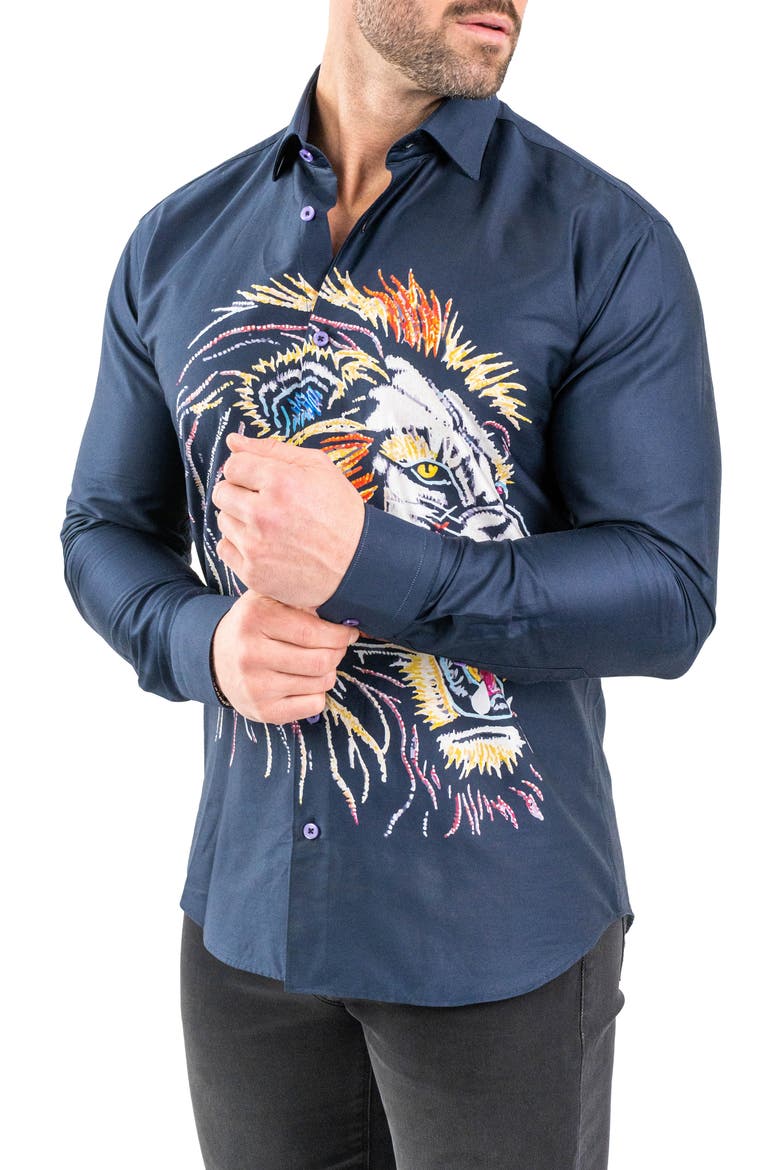 Fibonacci Lion Embroidered Contemporary Fit Button-Up Shirt, Alternate, color, BLUE