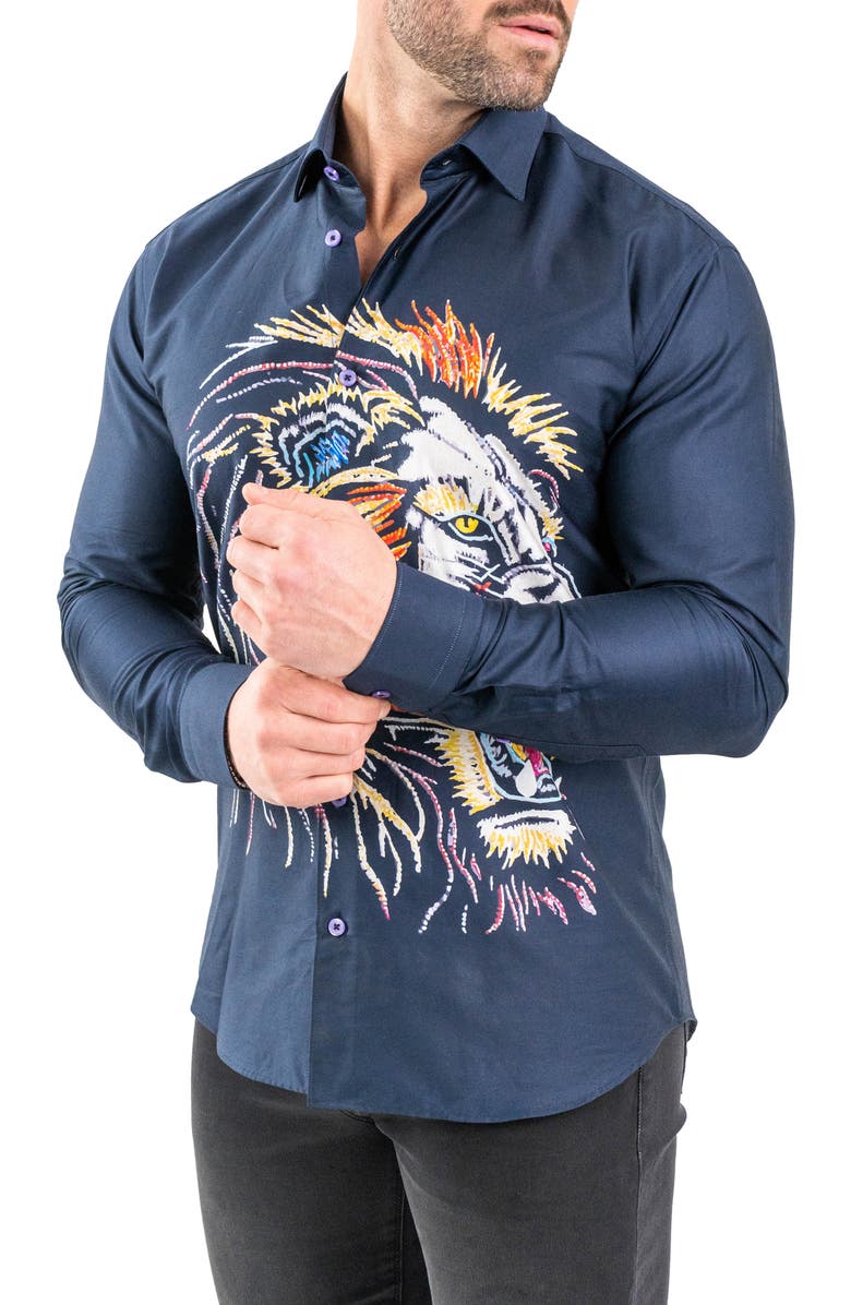 Maceoo Fibonacci Lion Embroidered Contemporary Fit Button-Up Shirt, Alternate, color, Blue
