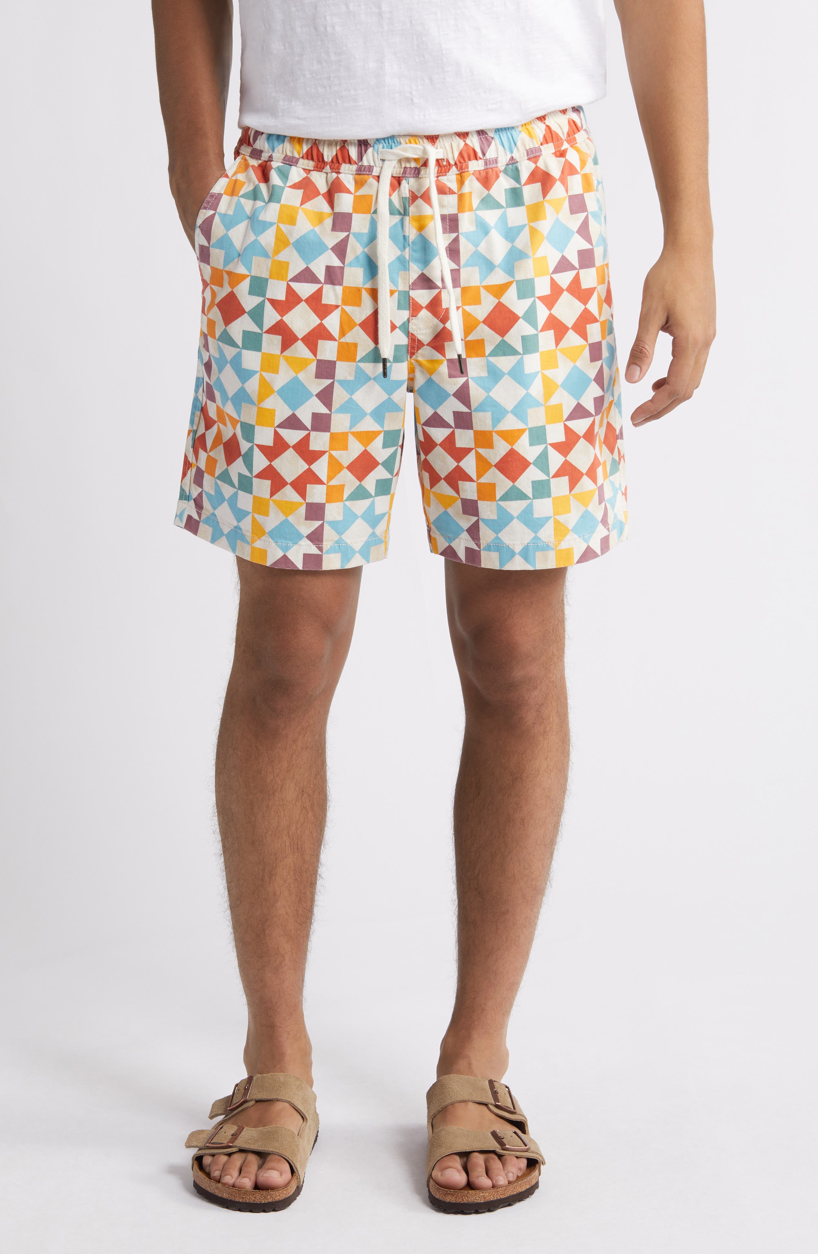 Quilt Print Stretch Cotton Drawstring Shorts
