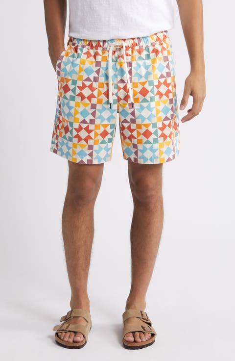 Quilt Print Stretch Cotton Drawstring Shorts