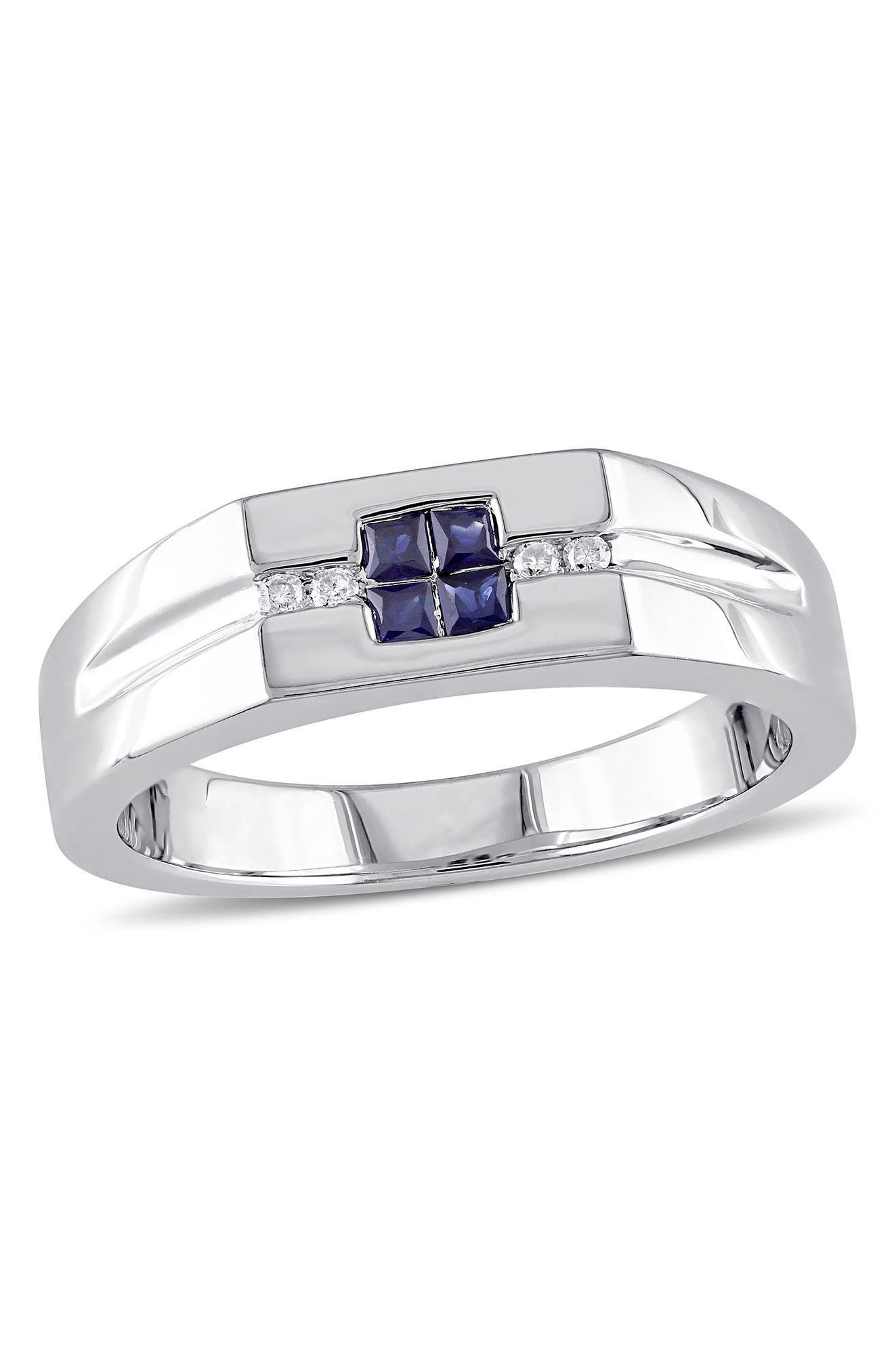 DELMAR Men's Sterling Silver Blue Sapphire & Diamond Square Ring - 0.05 ctw.