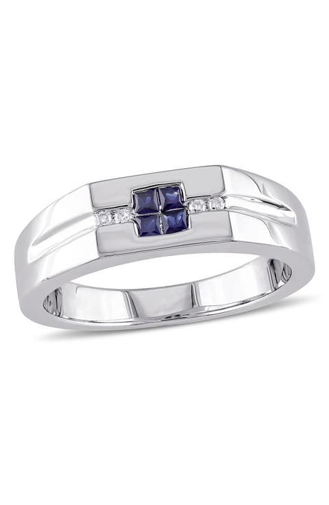 Men's Sterling Silver Blue Sapphire & Diamond Square Ring - 0.05 ctw.