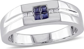 Men's Sterling Silver Blue Sapphire & Diamond Square Ring - 0.05 ctw.