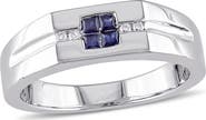 DELMAR Men's Sterling Silver Blue Sapphire & Diamond Square Ring - 0.05 ctw.