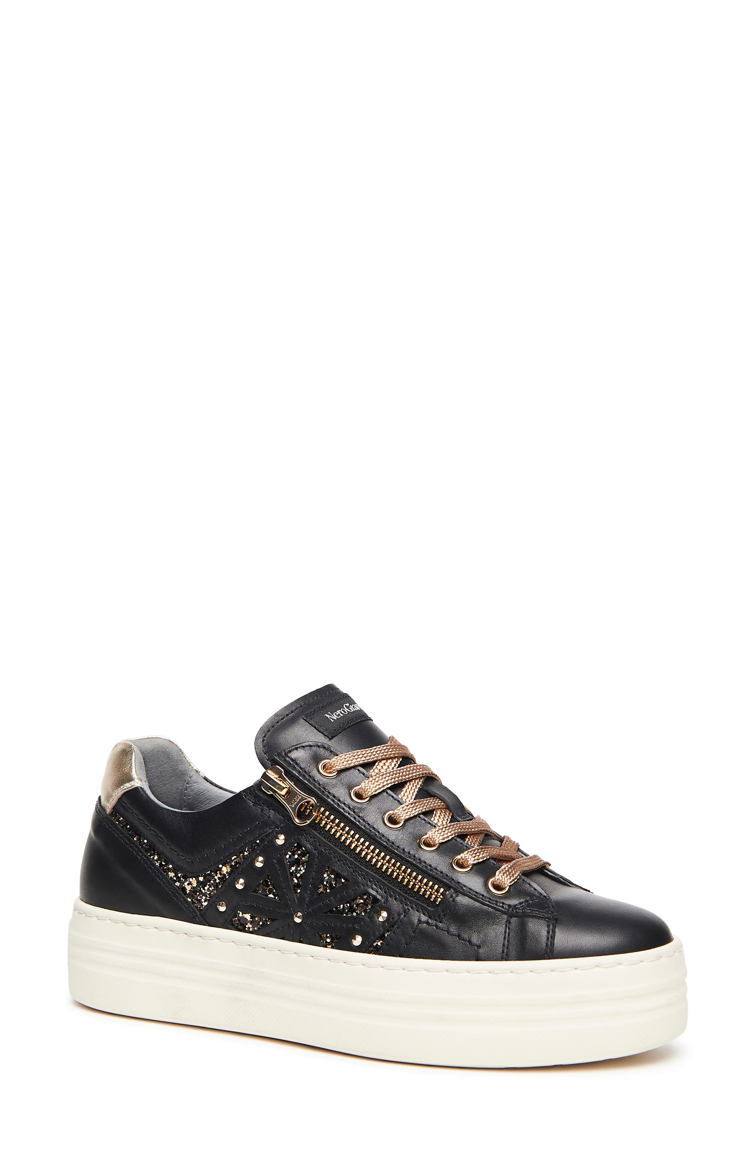 NeroGiardini Side Zip Sparkle Platform Sneaker, Main, color, Black